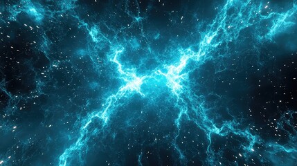 Abstract blue energy creating a vibrant thunderbolt or lightning pattern, spreading across a dark background filled with glowing particles, representing power and dynamic forces