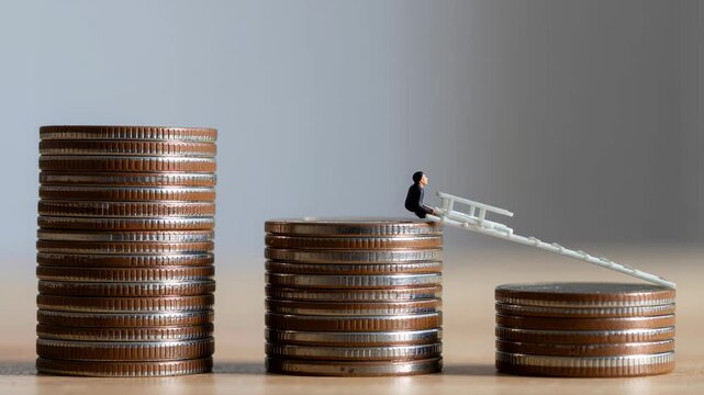 Miniature business figure on stack of coins with seesaw, symbolizing economic growth, finance, investment strategy, wealth management, business progress, and opportunity in creative concept