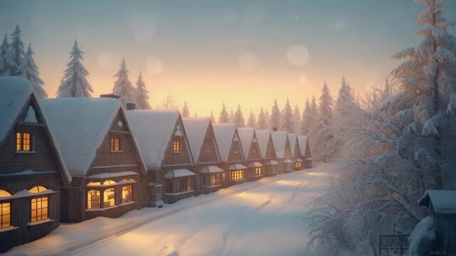 Panning camera revealing snowy gabled cottages on lane at dusk, lit windows and chimney smoke