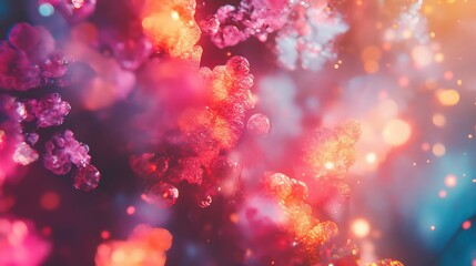 Abstract background capturing bright, sparkling particles and intricate textured forms, creating a visually dynamic representation of cellular growth and microscopic life