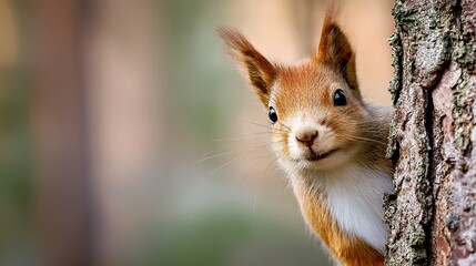 Obraz premium Red Squirrel Peeking from Tree Trunk in Forest Habitat