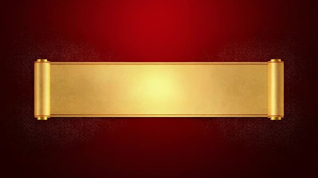 Gold scroll banner shimmering under sliding light flare in deep red backdrop, showing particle dust