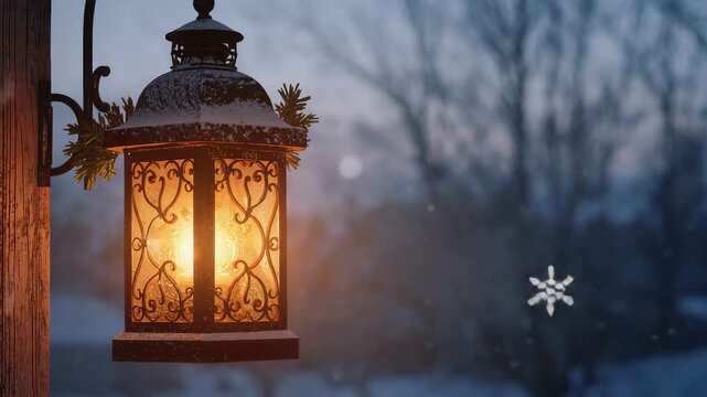 Hanging metal lantern emitting warm glow, illuminating porch at dusk, snowfall drifting, copy space
