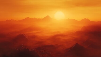 Fiery orange sky bathes a vast mountain range in sunset haze, casting warm, ethereal light over misty peaks and ridges for a dramatic, otherworldly landscape view