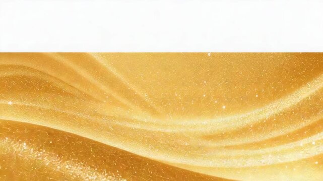 Appearing golden ribbon shifting and undulating across white field, displaying glitter highlights