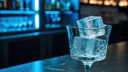 Ice cubes in a glass at a modern bar