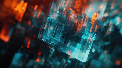 Abstract transparent blue and orange geometric blocks forming a dynamic, textured background, suggesting data flow, futuristic architecture, or a complex system