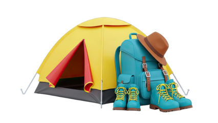 Camping Gear Set with Tent, Backpack and Boots on White Background
