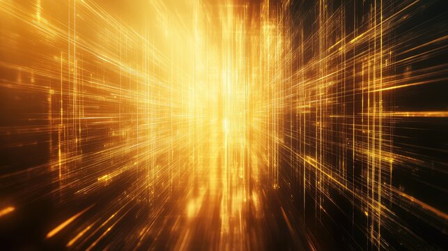 Abstract golden light lines forming an intricate grid pattern, illustrating advanced data processing, futuristic technology, and a connected information network in a dynamic cyberspace environment - Powered by Adobe
