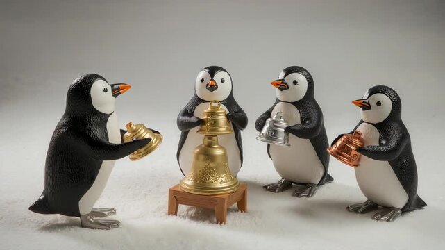 Playing back quartet of toy penguins mimicking bell ringing at studio tabletop, gold bell