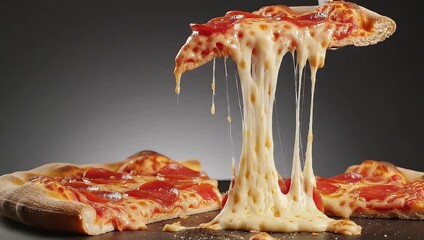 Delicious pepperoni pizza slice being pulled with melted cheese stretching, extreme close-up with shallow depth of field, shot in slow motion.