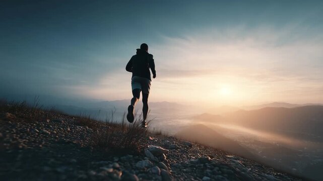 Ultra HD Man running uphill on a rocky trail at sunrise or sunset with mountains and fog in the background video