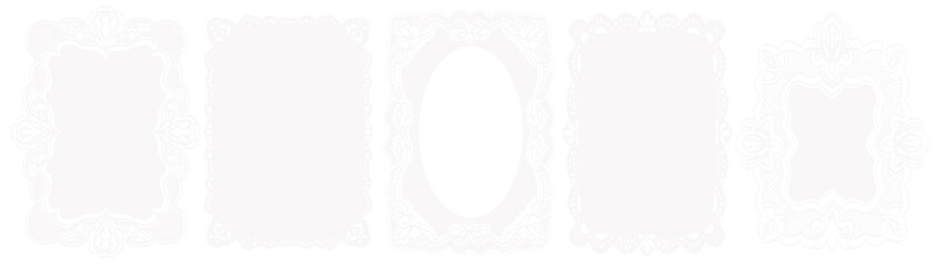 White whimsical lace frames or white borders. Oval and rectangle shapes with vintage elegance decorated with whimsy lines and squiggles. Top view covers for branding, scrapbooking and social media.