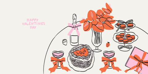 Save the date banner in sketch style. Hand drawn food illustrations on table. Romantic dinner on valentines day. Wine or champagne, dessert, heart shape cake drawings for wedding invitation or party.