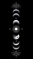 Artistic representation of moon phases and sun in a vertical alignment with intricate designs on a black background
