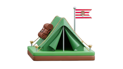 Camping Tent with Flag and Backpack in 3D Illustration
