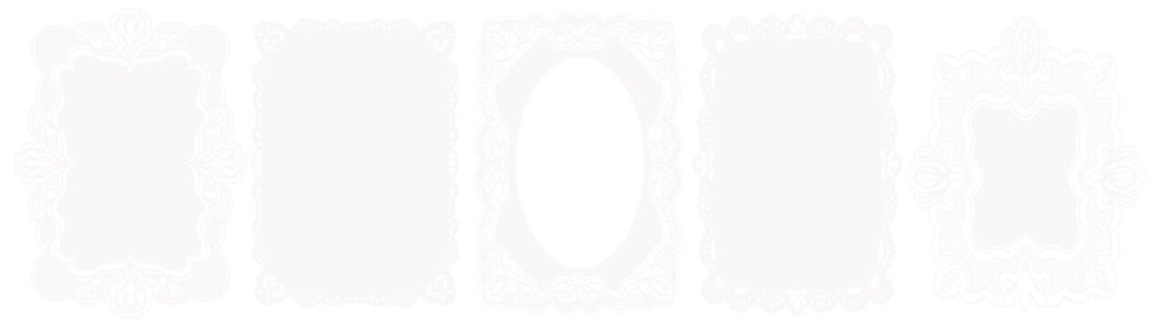 White whimsical lace frames or white borders. Oval and rectangle shapes with vintage elegance decorated with whimsy lines and squiggles. Top view covers for branding, scrapbooking and social media.