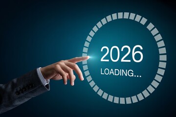 Hand Interacting with Loading Circle, Digital Progress for 2026, Technology and Time Concept, Futuristic Interface Interaction, Circular Loading Bar, Abstract Technology Background, New Year Countdown