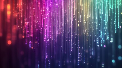Colorful light streams forming abstract digital data flowing downwards, creating a vibrant technology inspired background with a spectrum of glowing particles and lines