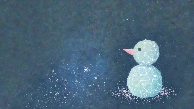 Drifting flakes moving across navy sky, creating glow over lined snowman with pink nose, copy space