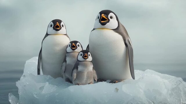Shifting then raising heads and calling, two adults vocalizing on floe guarding chicks