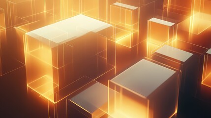 Abstract transparent 3d cubes glowing with golden light arrange themselves into a complex geometric network, symbolizing data, technology, and futuristic connections in a digital landscape