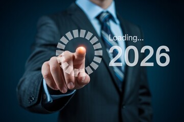Businessman Interacting with Loading Bar, Digital Progress with Circular Icon, Technology Concept, Hand Touching Virtual Screen, Loading New Year 2026, Futuristic Business Interface.