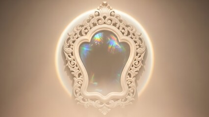 Ornate decorative mirror with intricate frame and iridescent reflection