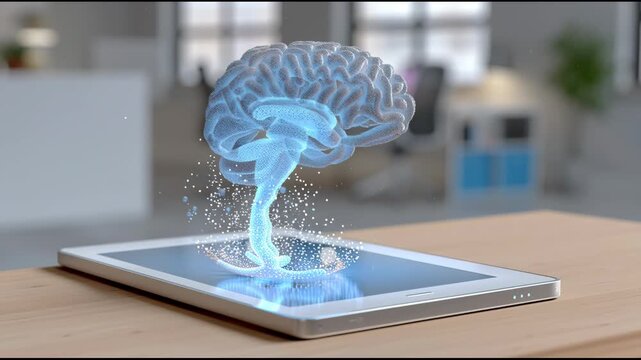 Hologram brain emerging from tablet with augmented reality medical technology visualization glowing blue neuropsychopharmacology
