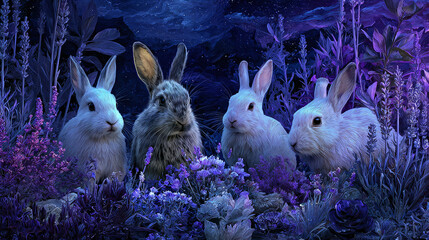 A group of adorable rabbits nestled amongst lavender flowers in a serene garden at twilight. Their fur is soft and white, contrasting beautifully with the rich purple hues of the flowers.