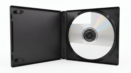 Fototapeta premium Open DVD Case Data Storage with Entertainment, and Music on White Backdrop.