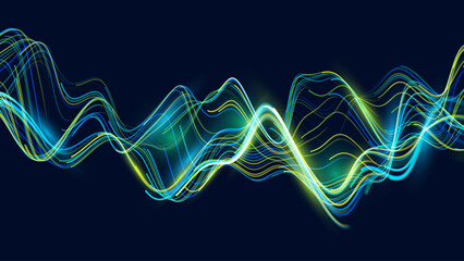 Green Glowing Dots Wave Lines Abstract Background. Futuristic Energy Flow, Digital Tech, Data Stream Design, Sustainable Renewable Energy Presentation Backdrop. Green Tech and Science Vector.