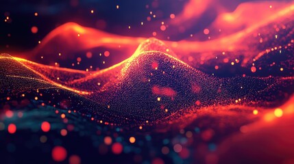 Glowing particles form undulating wave networks, visualizing flowing big data and digital information streams for technology, ai, quantum computing and futuristic connectivity concepts
