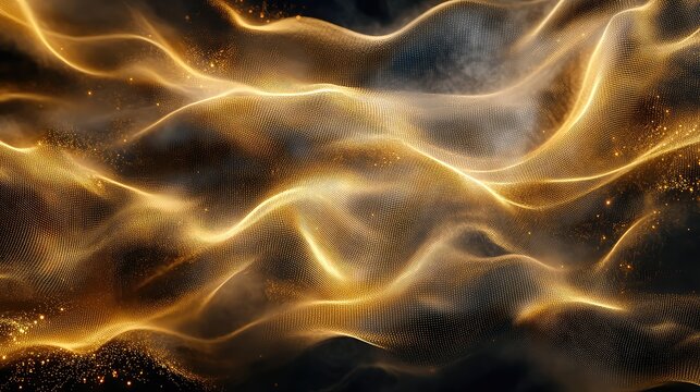 Golden glowing particles form an intricate mesh of flowing waves and sparkling light, an elegant, futuristic visualization of digital data, network movement, and energy - Powered by Adobe