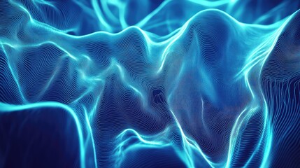 Abstract digital data surface creating a network of glowing blue lines and undulating waves, representing technology, communication, and big data concepts