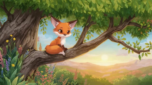 Perching orange cartoon fox responding to sunrise, opening eyes and watching valley on thick branch