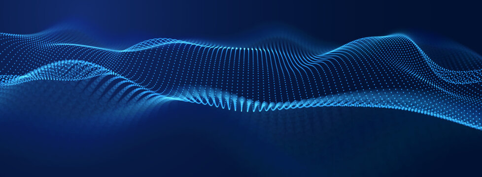 Big Data Flow With Glowing Particle Waves On Dark Background. Abstract AI Neural Network And Digital Communication Concept. Futuristic Tech Design. Vector Illustration.