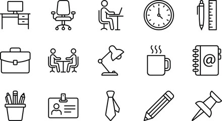 Office and Workplace Line Icons Vector Set Business Management Tools Employee Communication Desk Chair Stationary Symbols