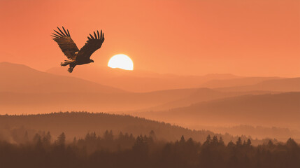 A dramatic silhouette of a bird flying over layered forested hills at sunrise, bathed in soft orange light and atmospheric haze.