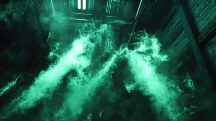 Green luminous particles creating an abstract energy flow, moving dynamically in a dark, confined space with industrial or architectural elements, representing digital concepts and powerful forces