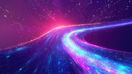 Sparkling particles forming a vibrant neon light trail, representing a dynamic flow of information and energy within a futuristic network connection or cosmic pathway concept