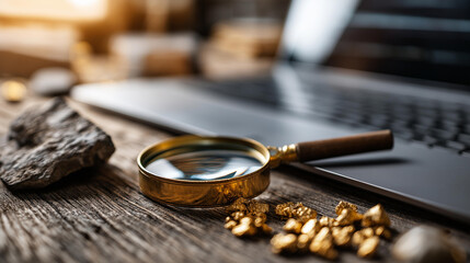 Exploration for new gold reserves as key activity in gold mining industry, mineral prospecting operations, precious metal discovery, geological surveying work, with copy space