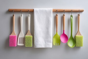 Kitchen Utensils Hanging: A colorful array of kitchen tools and a pristine towel are neatly displayed on a wooden rack, offering a touch of vibrant utility for the culinary workspace. 
