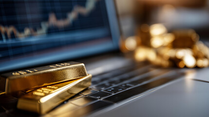 Professional workspace with gold bullion near laptop displaying financial data trends, wealth management environment, investment analysis setting, precious metal trading workspace, with copy