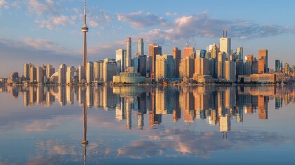 Naklejka premium Toronto Skyline Reflects on Lake During Dawn With Soft Light Casting Shadows Over Tall Buildings