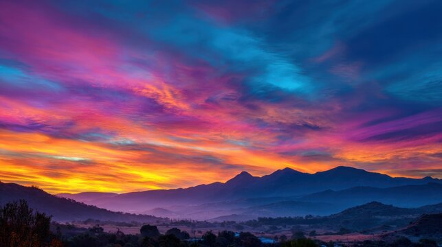 Celestial Canvas: Witness a breathtaking, vibrantly painted sunrise over a serene mountain range, a masterpiece of nature's artistry. The sky is ablaze with hues of pink, orange, purple, and blue. - Powered by Adobe