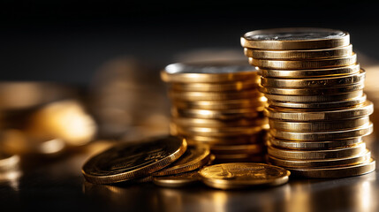 Economic trends illuminated gold coins showcase wealth growth, financial prosperity visualization, monetary value increase, investment appreciation display, capital accumulation representation,