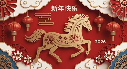 Gold horse with floral patterns on red background with chinese new year elements