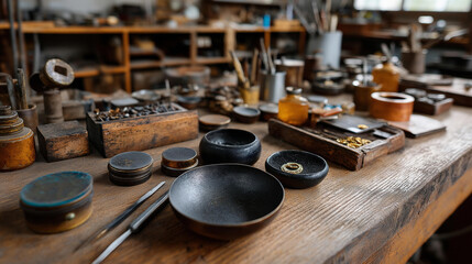 Instruments kit in large workshop for manufacture of handmade jewelry, goldsmith tools, precious metal crafting equipment, artisan jewelry making supplies, with copy space
