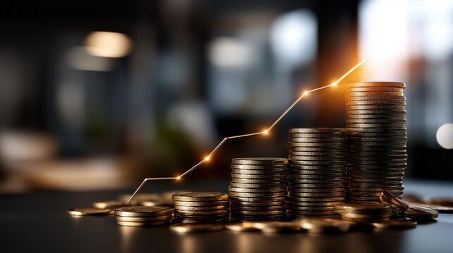 Economic trends illuminated gold coins showcase wealth growth, financial prosperity visualization, monetary value increase, investment appreciation display, capital accumulation representation, - Powered by Adobe